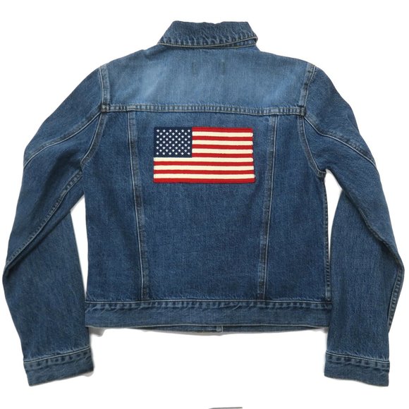 Ralph Lauren Polo Jeans Co Denim Trucker Jacket American Flag Womens Medium Blue